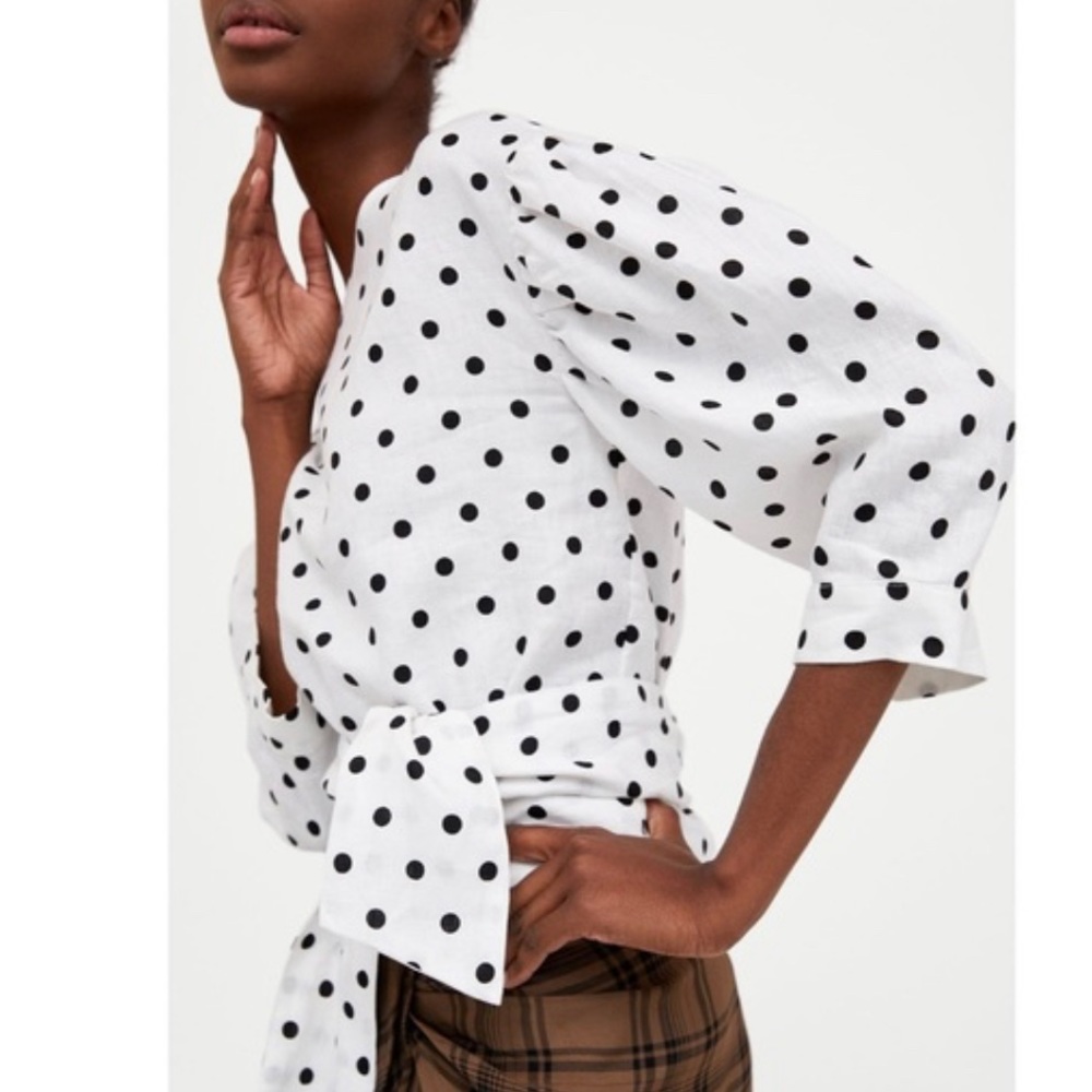 Zara Polka Dot Linen Tie Waist Blouse - Picture 3 of 9